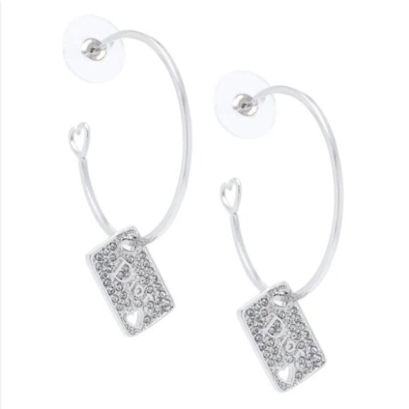 Christian Dior Silver Heart Embellished Rhinestones Hoop Earrings - Picture 1 of 1